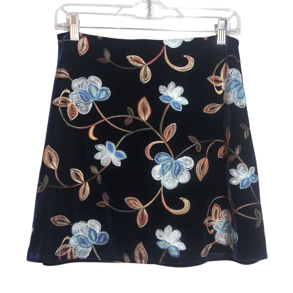 Mi ami Blue Velvet Floral Embroidered Mini Skirt Boho Festival Size Small